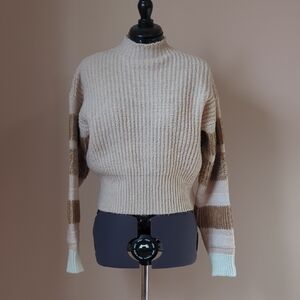 Topshop Cream and Brown Striped Turtleneck Sweater